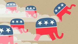 Illustration de plusieurs versions de l'éléphant du logo du Parti républicain se précipitant et soulevant la poussière.